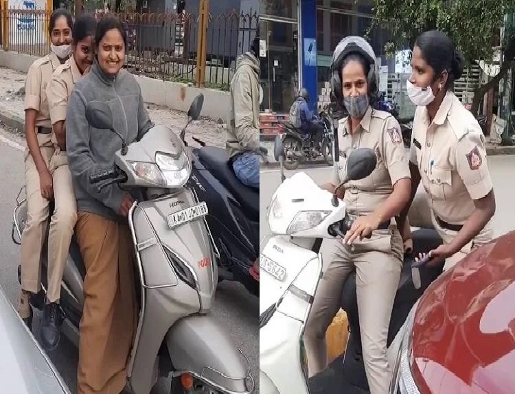 ಹೆಲ್ಮೆಟ್ ಹಾಕದೇ ಮಹಿಳಾ ಪೊಲೀಸರ ತ್ರಿಬಲ್ ರೈಡಿಂಗ್ : ತರಾಟೆ ತೆಗೆದುಕೊಂಡ ಮಹಿಳೆ